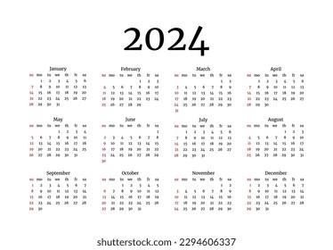 Calendar for 2024 isolated on a white background. Sunday to Monday, business template. Vector illustration