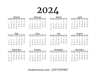 Calendar for 2024 isolated on a white background. Sunday to Monday, business template. Vector illustration