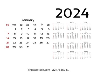 Calendar for 2024 isolated on a white background. Sunday to Monday, business template. Vector illustration