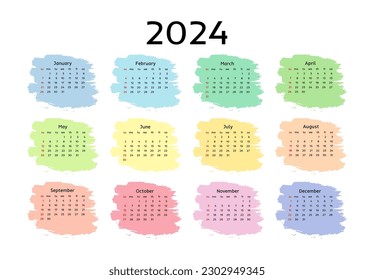 Calendar for 2024 isolated on a white background. Sunday to Monday, business template. Vector illustration