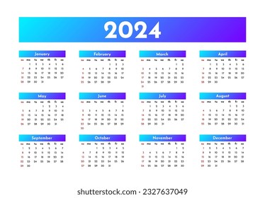 Calendar for 2024 isolated on a white background. Sunday to Monday, business template. Vector illustration