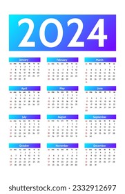 Calendar for 2024 isolated on a white background. Sunday to Monday, business template. Vector illustration