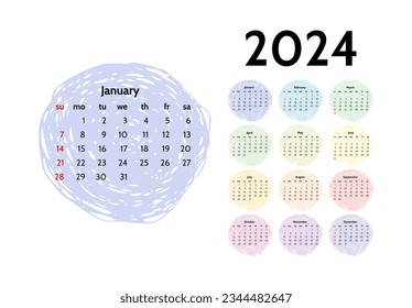 Calendar for 2024 isolated on a white background. Sunday to Monday, business template. Vector illustration