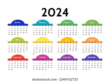 Calendar for 2024 isolated on a white background. Sunday to Monday, business template. Vector illustration