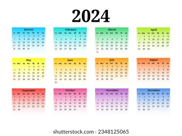 Calendar for 2024 isolated on a white background. Sunday to Monday, business template. Vector illustration