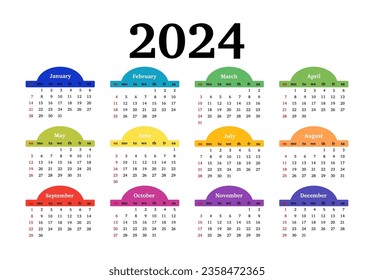 Calendar for 2024 isolated on a white background. Sunday to Monday, business template. Vector illustration