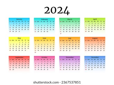 Calendar for 2024 isolated on a white background. Sunday to Monday, business template. Vector illustration