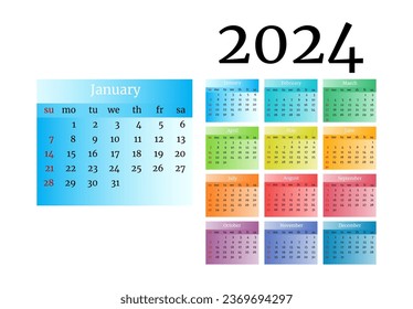 Calendar for 2024 isolated on a white background. Sunday to Monday, business template. Vector illustration