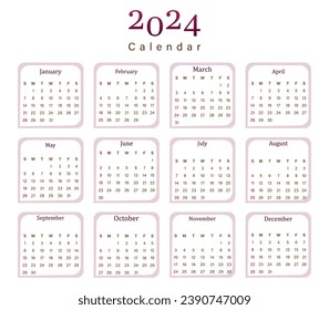Calendar for 2024, isolated on a white background, Calendar 2024,Week starts on Sunday Desk Calendar 2024 template design,