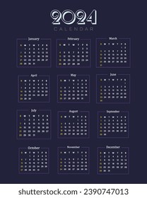 Calendario para 2024, aislado en un fondo blanco, Calendario 2024,Semana comienza en el diseño de la plantilla del Calendario de la Mesa del Domingo 2024,