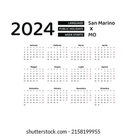 Calendar 2024 Italian language with San Marino public holidays. Week starts from Monday. Graphic design vector illustration.