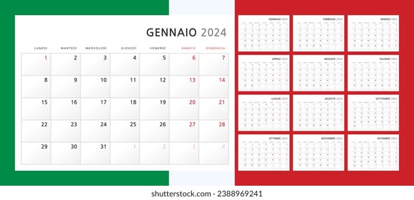 Calendario 2024 en italiano. Calendario trimestral mural para 2024 en un estilo minimalista clásico. La semana comienza el lunes. Conjunto de 12 meses. Plantilla de Planificador Corporativo. Formato A4 horizontal. Ilustración del vector