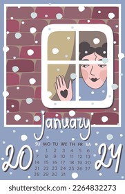 Calendar 2024. January. A4, A3 format. Week starts on Sunday, vector illustration with cute little girl near the window, looking at snow.