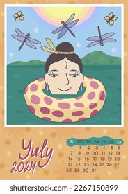 Calendar 2024. July 2024. Calendar A4, A3. Week starts on Sunday, vector illustration with cute little girl floating in the lake in a swim ring.