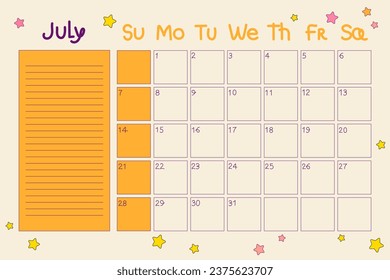 Calendar 2024 July. Summer planner with dates and notes in doodle style. Cartoon design in 80s retro hippie style. Vector illustration with editable stroke. Cute planner with decor