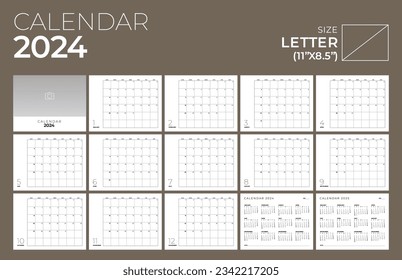 Calendar 2024 landscape template planner vector in a minimalist table style