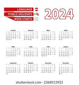 Calendar 2024 in Latvian language with public holidays the country of Latvia in year 2024. Week starts from Monday. Vector Illustration.