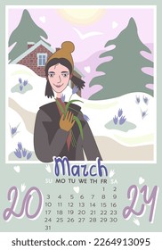 Calendar 2024. March 2024. Calendar A4, A3. Week starts on Sunday, vector illustration with cute little girl holding first spring flowers.