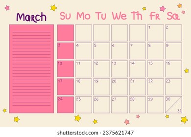 Calendar 2024 March. Planner with dates and notes in doodle style. Cute and cartoony design in hippie retro style. Vector illustration with editable stroke. Fun planner with stars