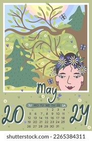Calendar 2024. May 2024. Calendar A4, A3. Week starts on Sunday, vector illustration with cute little girl in a flower wreath.