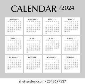 Calendar 2024, minimal design, week start sunday template.