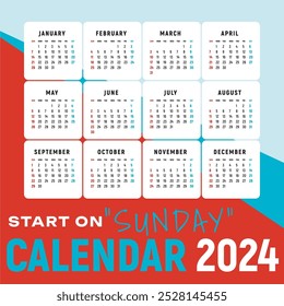 Calendar 2024 and Minimal Design, Week start Sunday template.