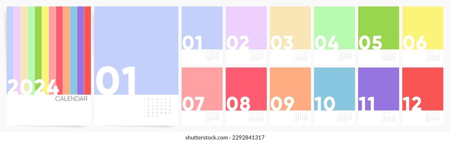 Calendar 2024. Minimal multicolor design calendar. Week starts Sunday. Business or personal design template.