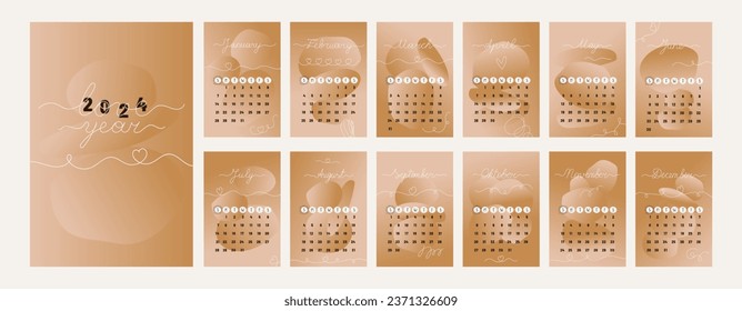 Calendar 2024 minimal template design on gradient background. Every month on a separate page. Weeks start on Sunday. Vector