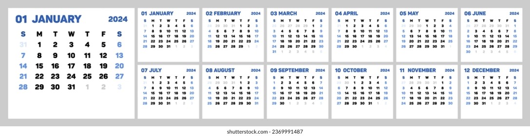 Calendar for 2024. Calendar in a minimalist corporate style. Week Starts on Sunday. 12 months year. Vector illustration in flat style