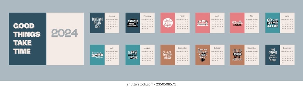 Calendar 2024. Monthly design with motivational quotes. Weeks start on Monday. Business planner.  Vector template for table calendar.