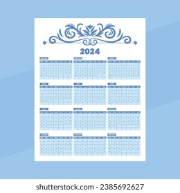 Calendar 2024, Monthly Calendar Template, One Page Wall Calendar, 2024 New Year, Calendar 2024 Sunday Start Corporate Design Template.