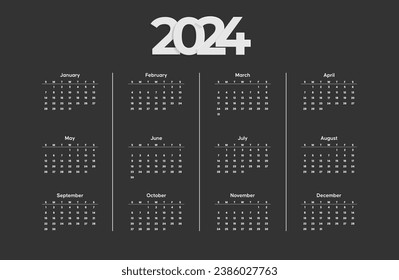 Calendar 2024 new year illustration, new year calendar 2024 design vector, calendrier du nouvel an 2024 vectorial