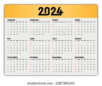 Calendar 2024 new year single page 12 month annual calendar template. Monthly yearly calendar layout ready to print. 2024 annual calendar grid wall or desk layout. Planner for 2024 year, diary.