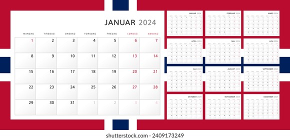 Calendar 2024 in Norwegian. Wall quarterly calendar for 2024 in classic minimalist style. Week starts on Monday. Set of 12 months. Corporate Planner Template. A4 format horizontal. Vector illustration