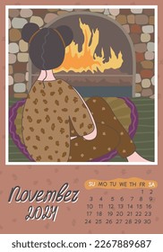 Calendar 2024. November 2024. Calendar A4, A3. Week starts on Sunday, vector illustration with cute little girl sitting by the fireplace.