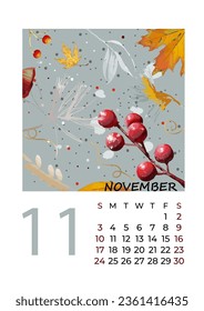 Calendar 2024 November month. Vector illustration. Nature abstraction.