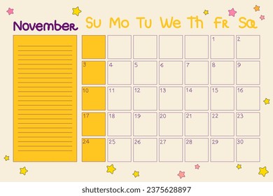 Calendar 2024 November. Retro planner with dates and notes in doodle style. Cartoon design in 70s, 80s hippie style. Vector illustration with editable stroke. Cute planner with stars