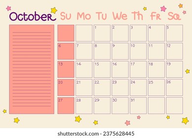 Calendar 2024 October. Retro autumn planner with dates and notes in doodle style. Cartoon design in 80s hippie style. Vector illustration with editable stroke. Cute planner with details