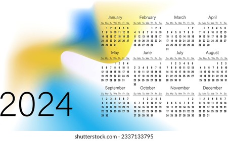 Calendar 2024 on abstract background light blue and yellow gradient color on white