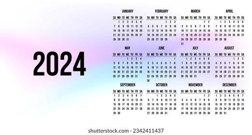 Calendar 2024 on abstract background light pink blue gradient color on white background