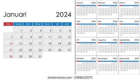 Calendar 2024 on dutch language, week start on Sunday. Vector template