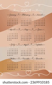 Calendar 2024 on gradient colored background and doodle hearts shapes. Vector illustration, weeks start on Sunday.