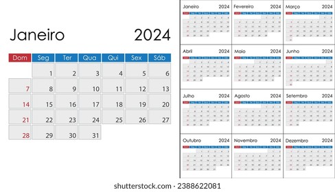 Calendario 2024 en portugués, semana que empieza el domingo. Plantilla de vector