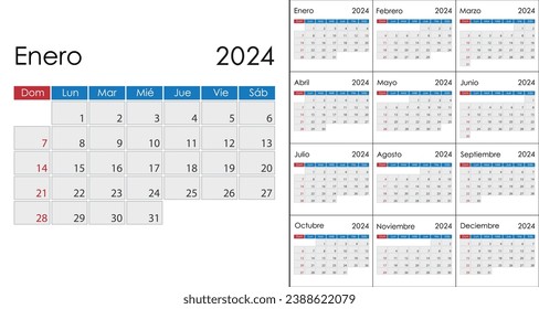 Calendar 2024 on Spanish language, week start on Sunday. Vector template