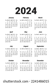 Calendar 2024 on a white background. Black lettering, basic calendar