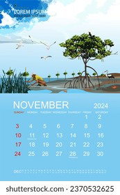 Calendar 2024 with a panorama of mangrove forests and their habitat.