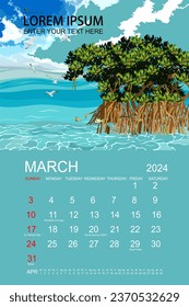 Calendar 2024 with a panorama of mangrove forests and their habitat.