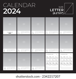 Calendar 2024, photo, portrait template planner vector in a minimalist style