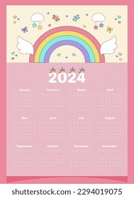 Calendar 2024 pink for a child with elements of unicorn, rainbow, wings, clouds, butterflies, bows, hearts. 