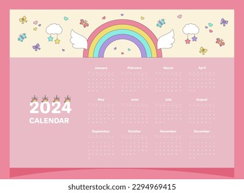 Calendar 2024 pink for a child with elements of unicorn, rainbow, wings, clouds, butterflies, bows, hearts. 